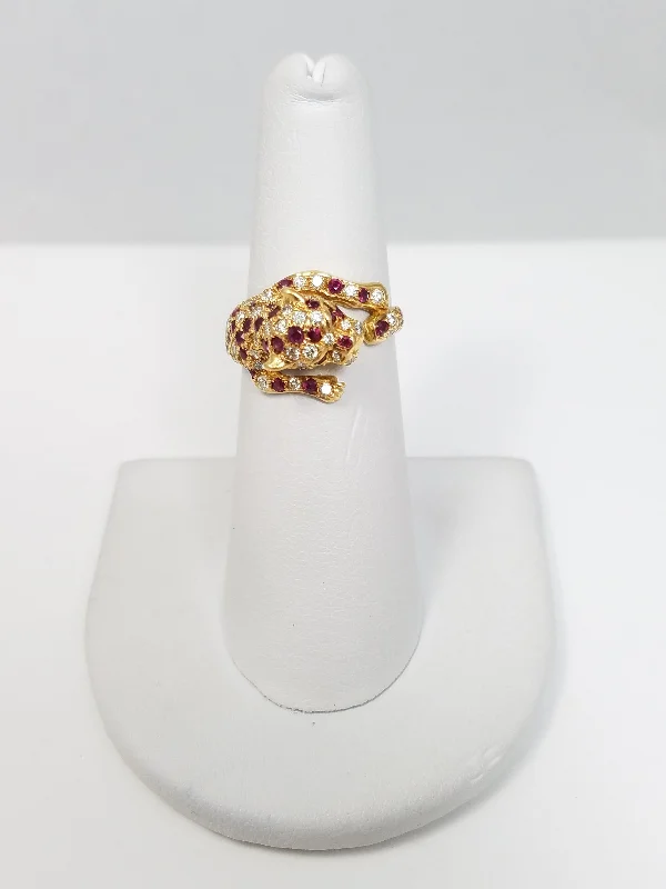 Ladies rings satin charm -Ferocious 18k Yellow Gold Natural Ruby Diamond Leopard Ring