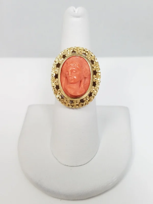 Ladies rings with rose opal -Vintage Coral Cameo 14k Yellow Gold Ring