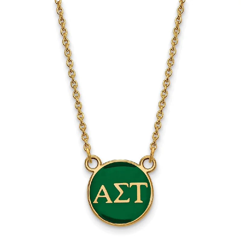 ladies-custom-silver-necklaces-14K Plated Silver Alpha Sigma Tau Small Green Enamel Disc Necklace