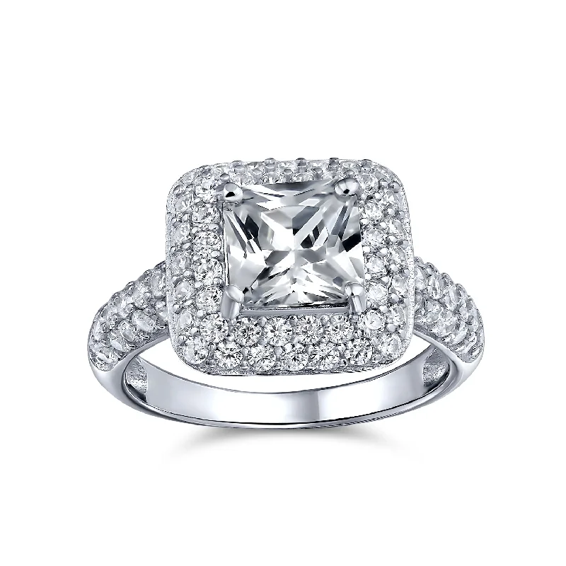 Ladies engagement rings with ridge accents -3CT Princess Cut Solitaire AAA CZ Halo Engagement Ring Sterling Silver