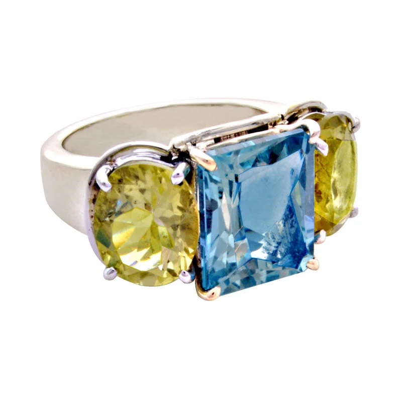 Ladies rings with ridge motifs -Ring-Blue Topaz and Lemon Quartz