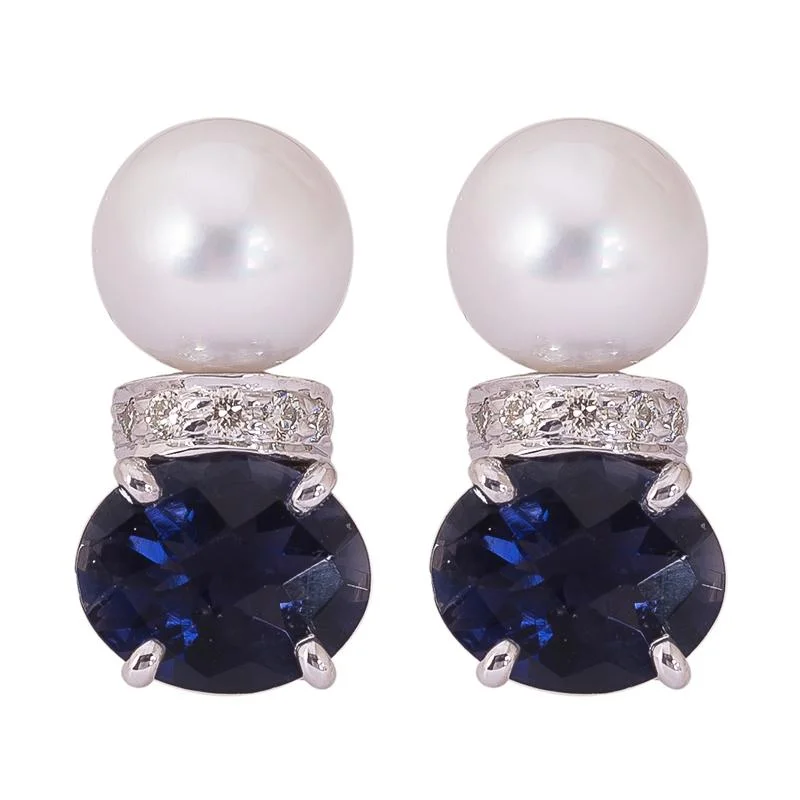 Ladies earrings with pearl howlite -Earrings- Pearl, Iolite and Diamond  (271HS)