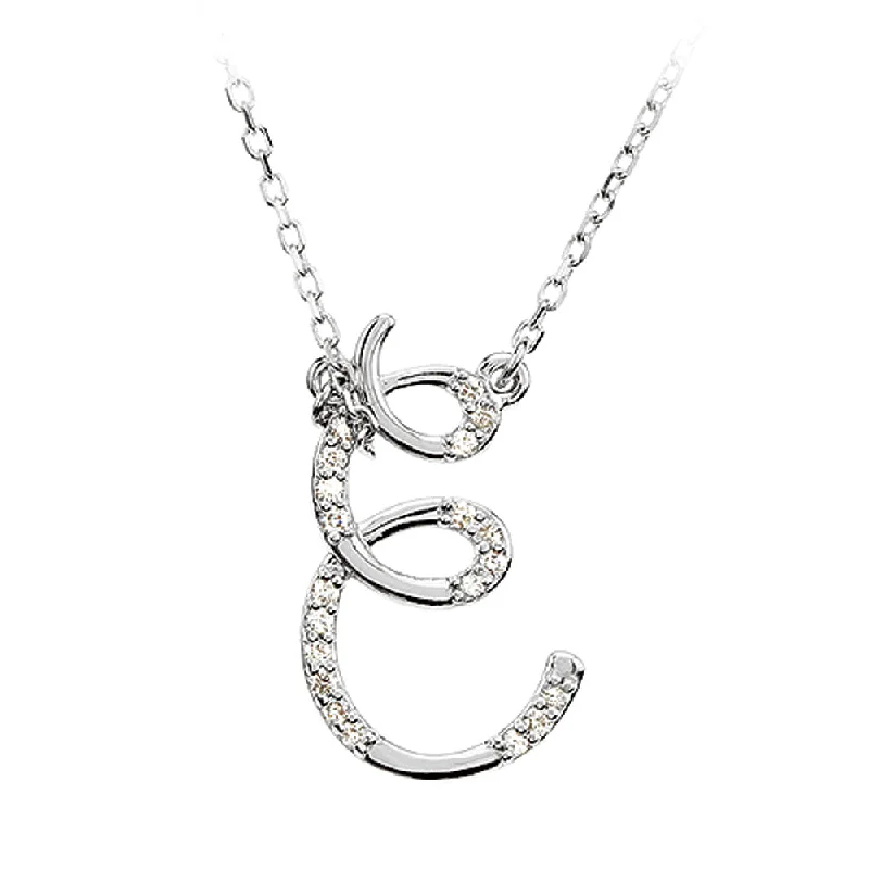 ladies-minimalist-silver-necklaces-1/10 Ctw Diamond Sterling Silver Medium Script Initial E Necklace 16in