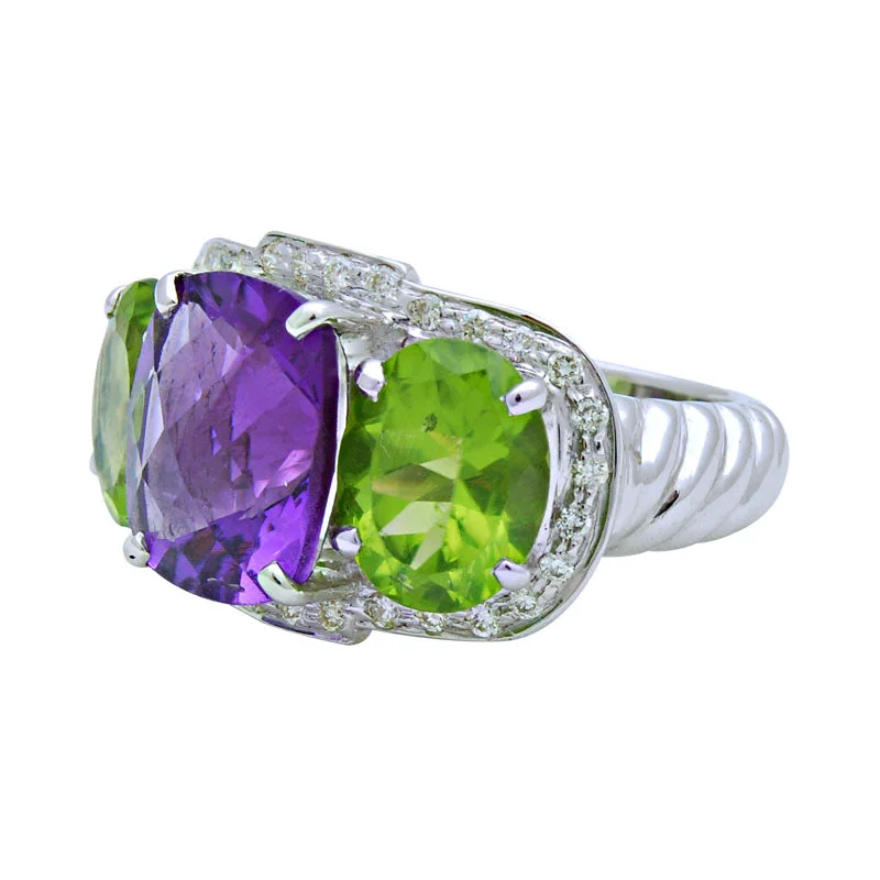 Ladies rings for holiday cheer -Ring-Amethyst, Peridot and Diamond