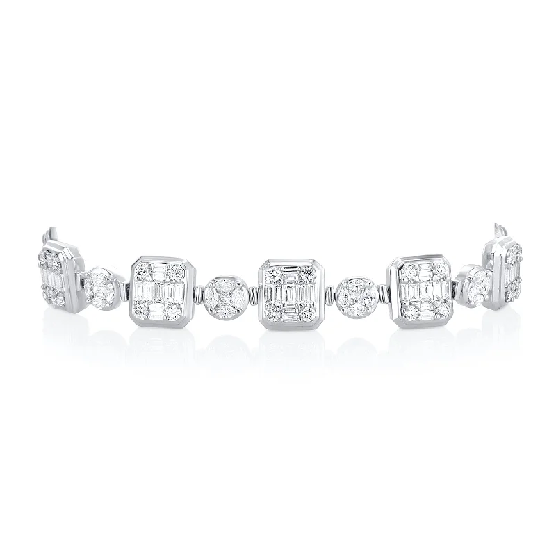 ladies-affordable-pearl-bracelets-6.85 Carat  Square & Round Natural Diamond Cluster Bracelet in 18K White Gold