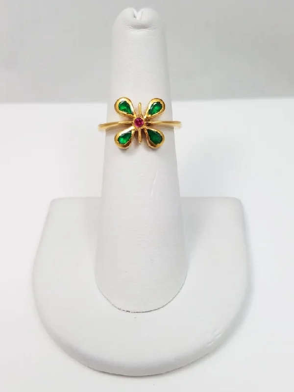 Ladies rings with peach calcite -Cute 20k Yellow Gold Emerald & Ruby Flower Ring