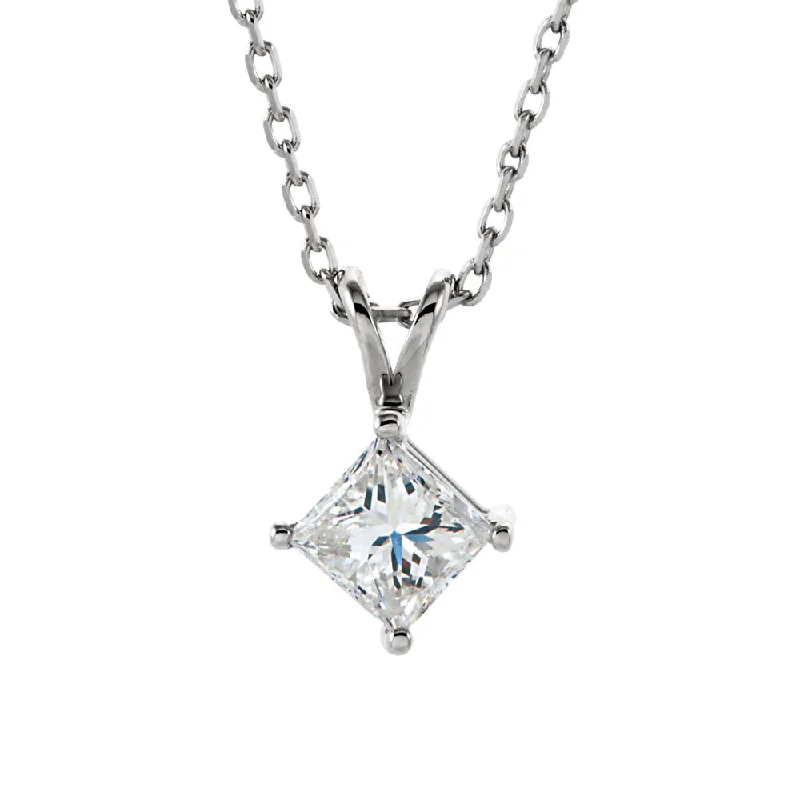 ladies-statement-silver-necklaces-3/8 Ct Princess Diamond Solitaire Necklace in 14k White Gold, 18 Inch