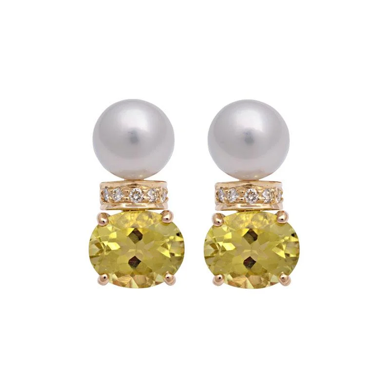 Ladies earrings for brush artists -Earrings-Lemon Quartz, South Sea Pearl and Diamond  (2125G)