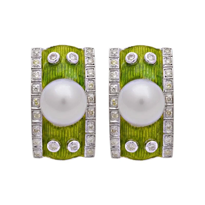 Ladies earrings for boho vibes -Earrings-South Sea Pearl and Diamond (Enamel)  (188GS)