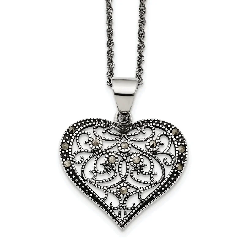 ladies-star-cable-necklaces-Marcasite Scroll Heart Necklace in Antiqued Stainless Steel, 20 Inch