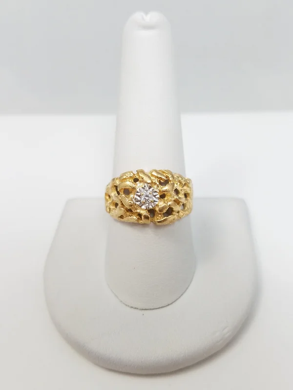 Ladies rings gritty charm -Classic 10k Yellow Gold Natural Diamond Nugget Ring