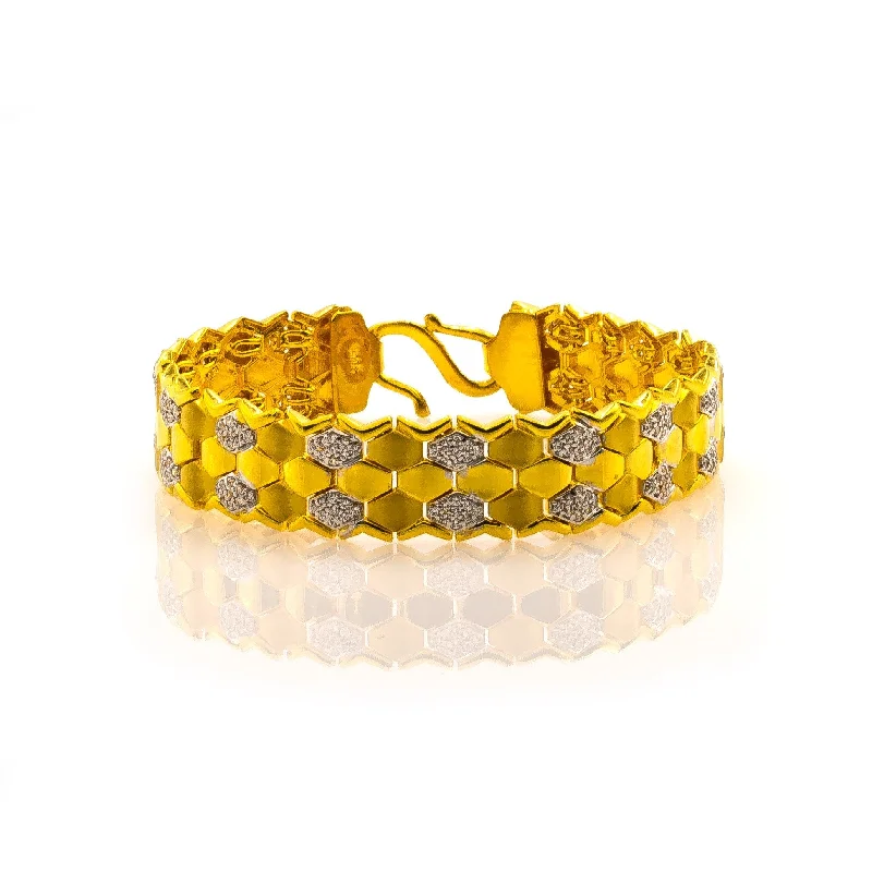 ladies-statement-silver-bracelets-22K Yellow Gold Men's Bracelet W/ CZ Gems & Hexagon Tile Link