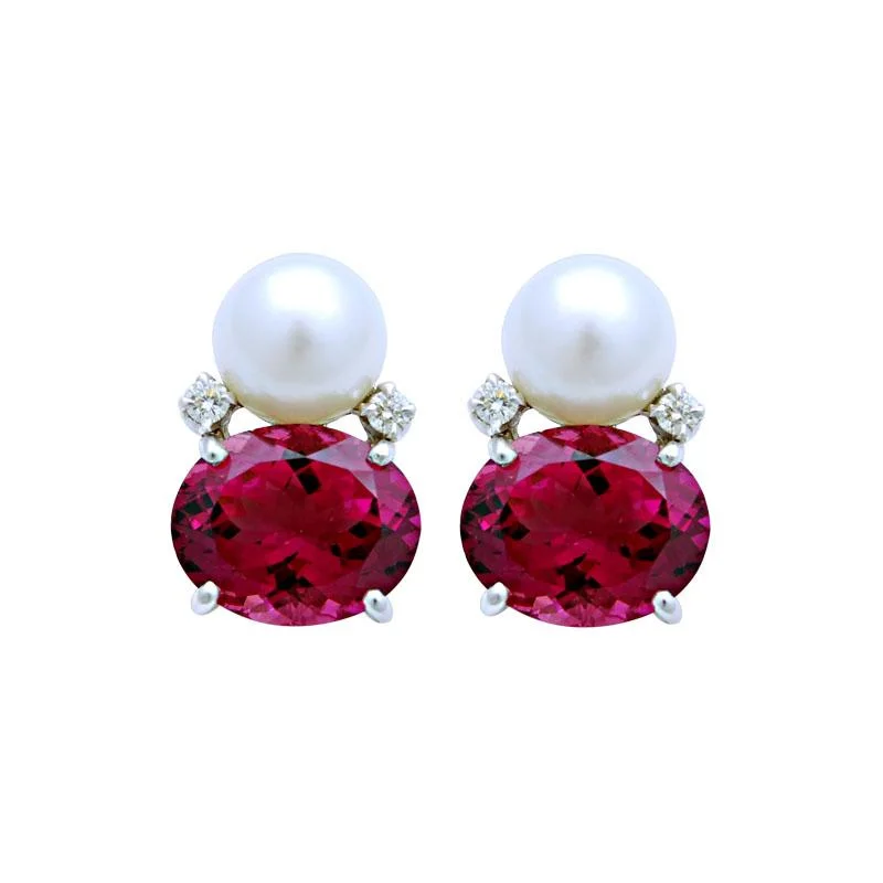 Ladies earrings unique elegance -Earrings-Rubellite, South Sea Pearl and Diamond  (113HS)