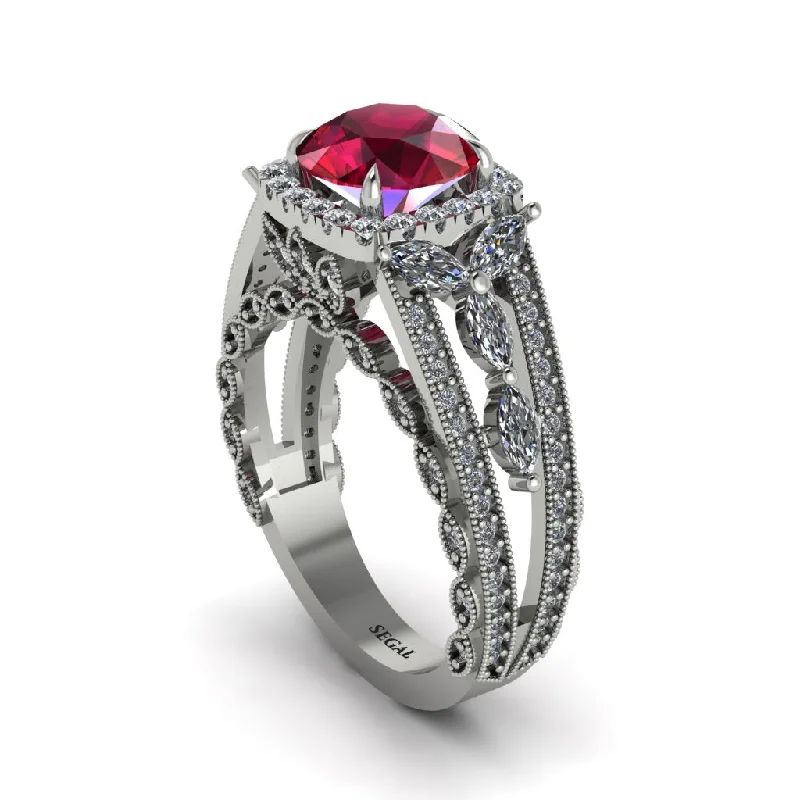 Ladies engagement rings for party love -Ruby Eternal Embrace Double Shank Filigree Engagement Ring - Celine No. 12