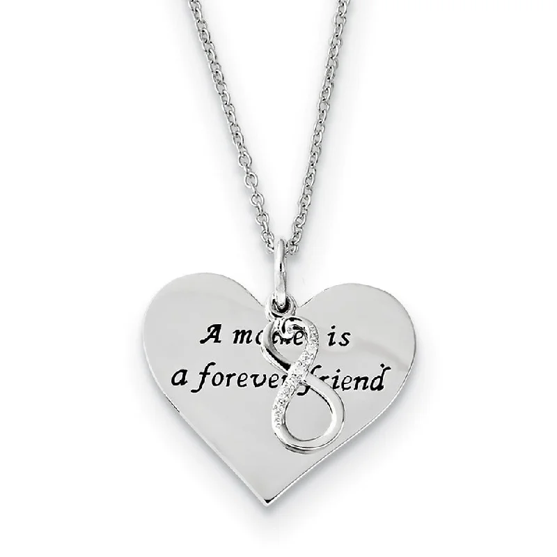 ladies-silver-cable-necklaces-Sterling Silver & CZ A Mother Is A Forever Friend Heart Necklace, 18in