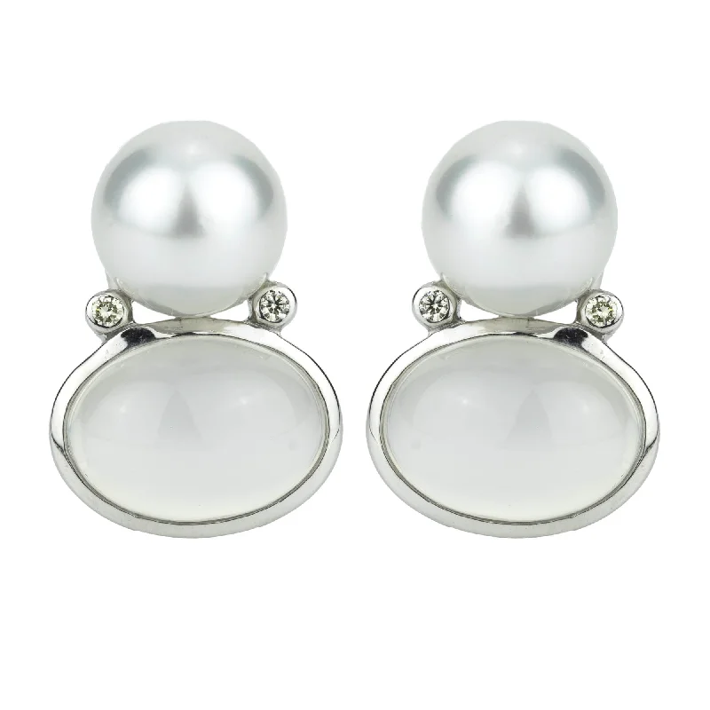 Ladies earrings with mint serpentine -Earrings - Moonstone, South Sea Pearl And Diamond