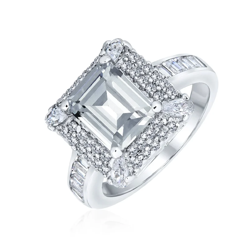 Ladies engagement rings for ocean love -Classic 4CTW Emerald Cut CZ Halo Engagement Ring in Sterling Silver Pave Band