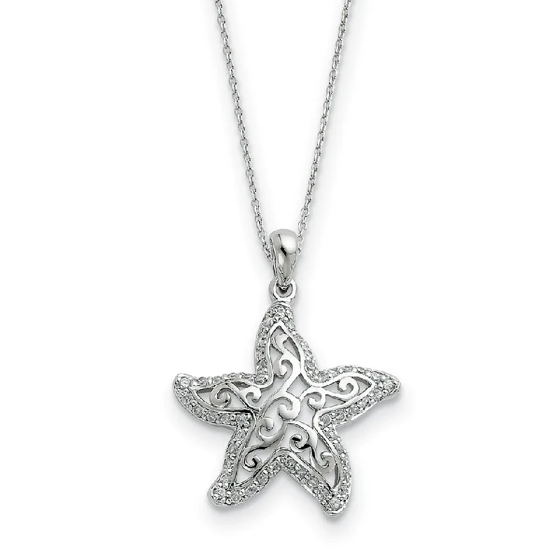 ladies-statement-gold-necklaces-Rhodium Sterling Silver & CZ Make a Difference Starfish Necklace, 18in