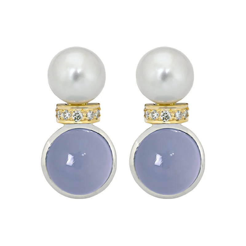 Ladies earrings glossy sparkle -Earrings- Chalcedony, South Sea Pearl and Diamond