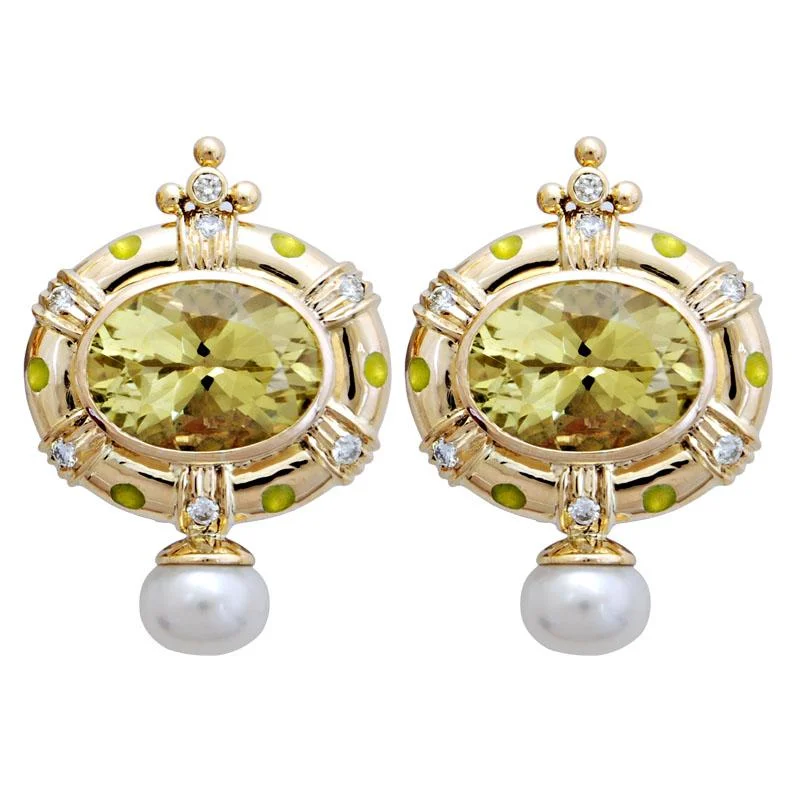 Ladies earrings thin sparkle -Earrings-Lemon Quartz, Pearl and Diamond (Enamel)  (1776B)