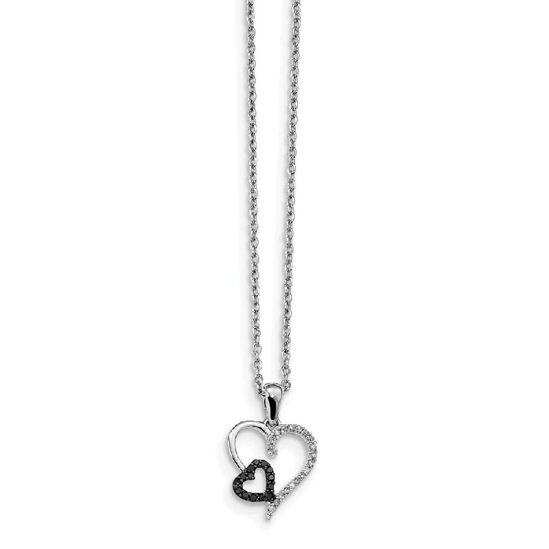 ladies-party-woven-necklaces-Black & White Diamond 13mm Double Heart Necklace in Sterling Silver